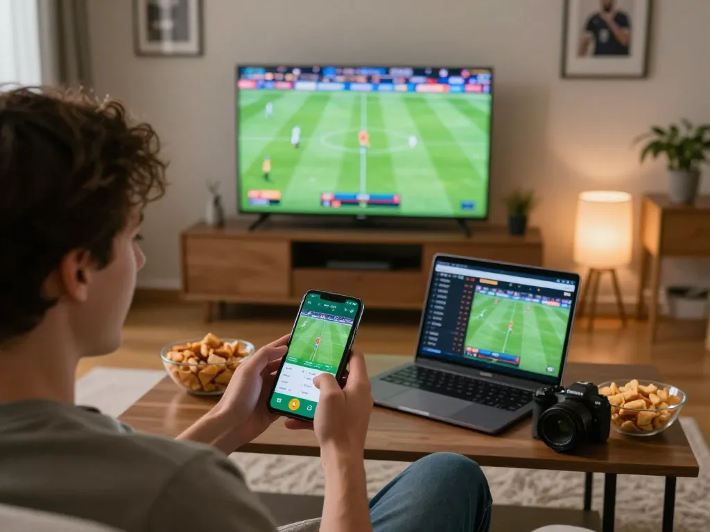 Engaged bettor using TR88 app for sports betting while watching live game, showcasing modern home setting.