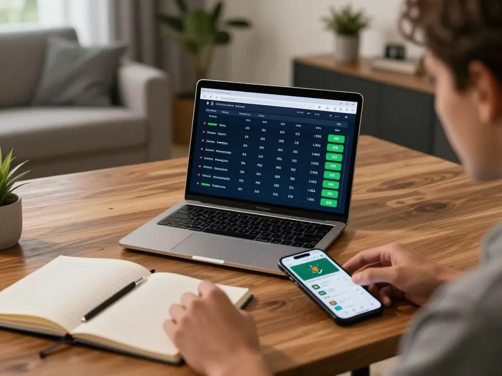 Engaged user analyzing odds and strategies on sports betting app com at a stylish desk