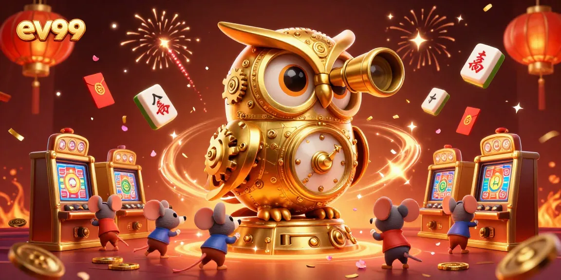 Engage with ev99's animated casino scene full of vibrant slot machines and magical elements.