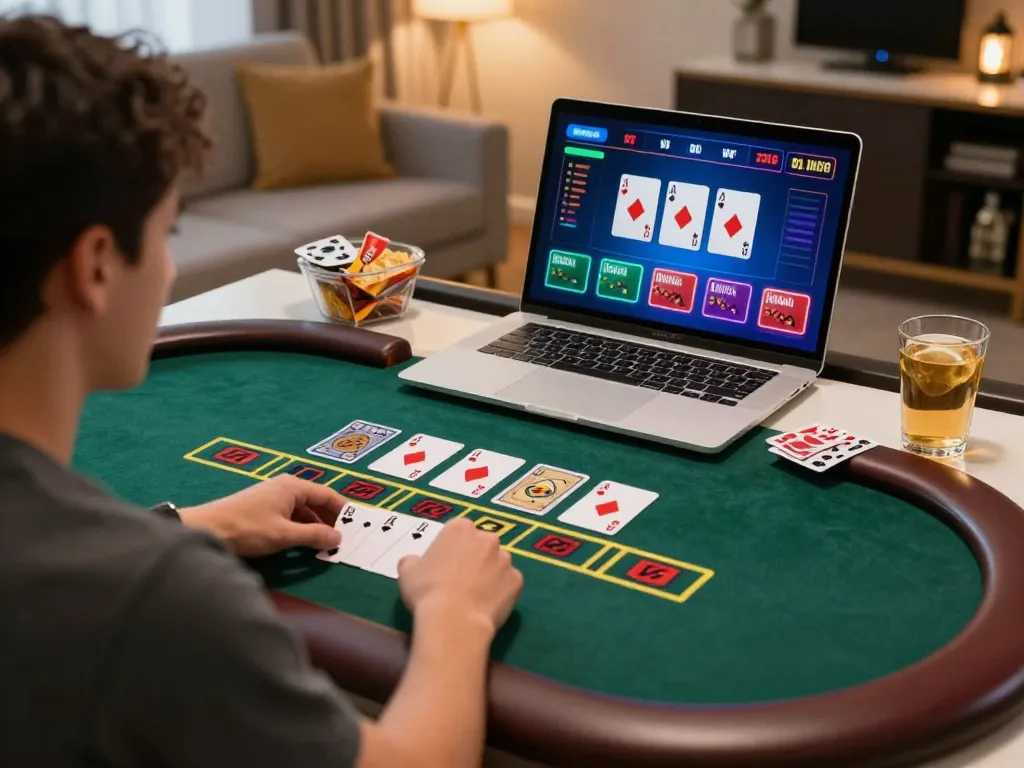 Player enjoying an intense game of blackjack on 789club's online casino platform in a cozy home setting.