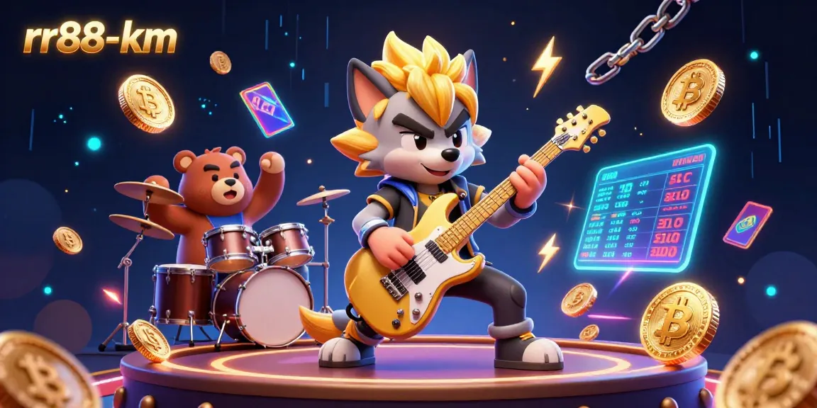 Experience the energetic casino vibes with rr88-km in a dynamic 3D illustration featuring rock star and crypto elements.