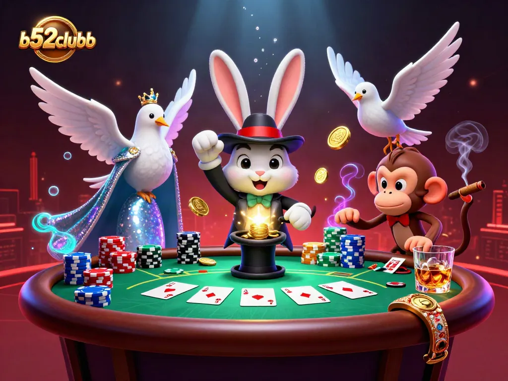 b52clubb showcases vibrant 3D casino action with magicians, poker chips, and magical effects.