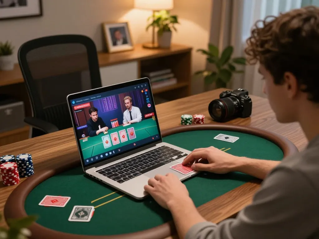 LC88 player engaging in a thrilling online poker game on a laptop in a cozy home setting