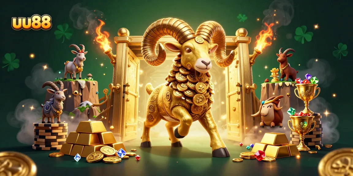 uu88 showcases an energetic scene with a golden ram charging through a treasure vault in a casino atmosphere.