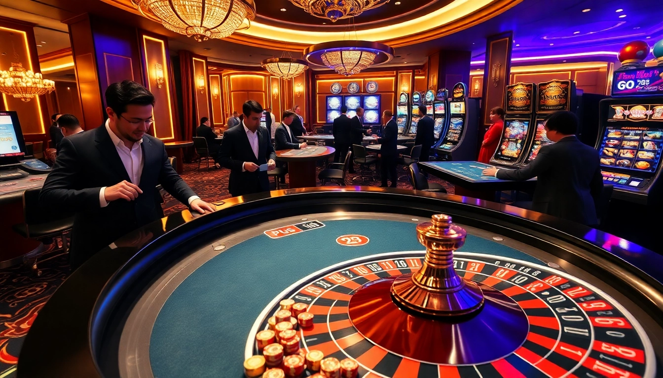 High-stakes gaming at pg 88's luxurious casino scene, featuring poker games, roulette tables, and slot machines.