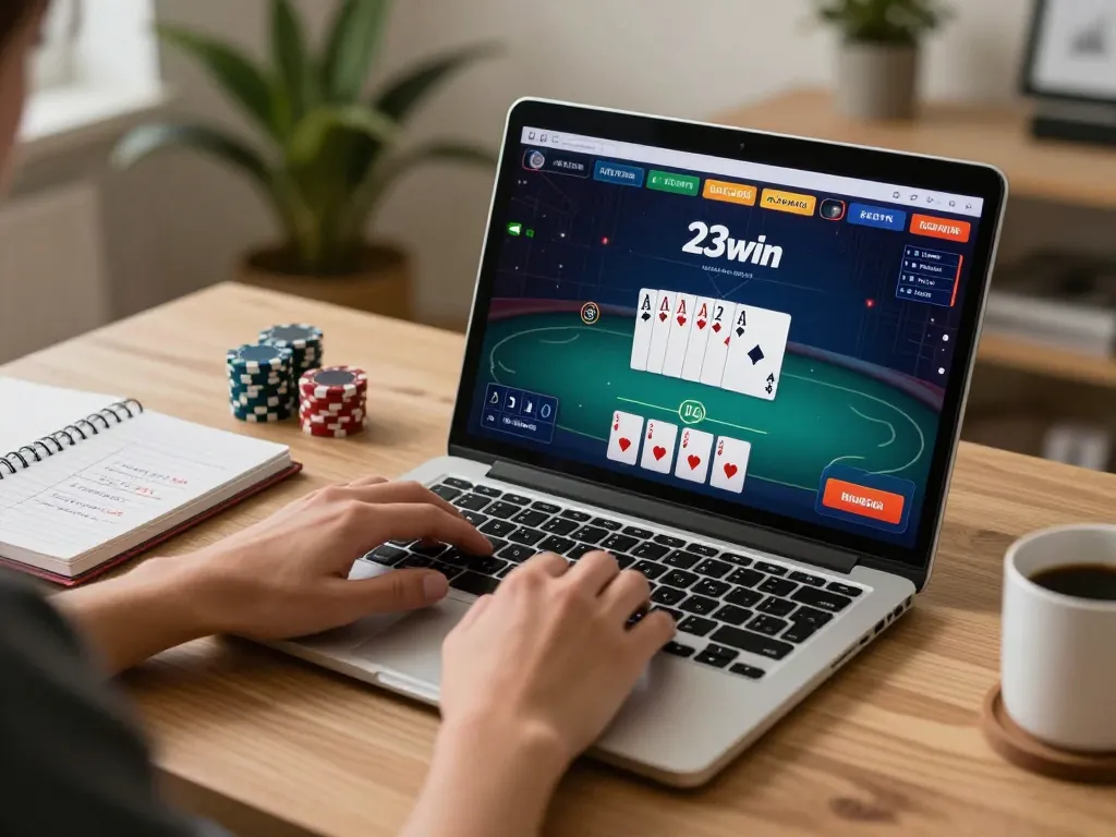 Engaging in online poker gameplay on 23win platform with cozy home office setup