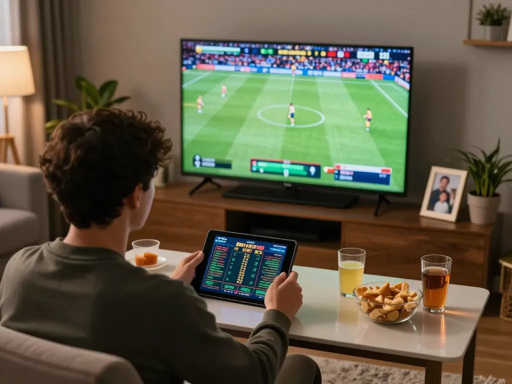 Engaging in online sports betting at home with go8 app on tablet and live game on TV