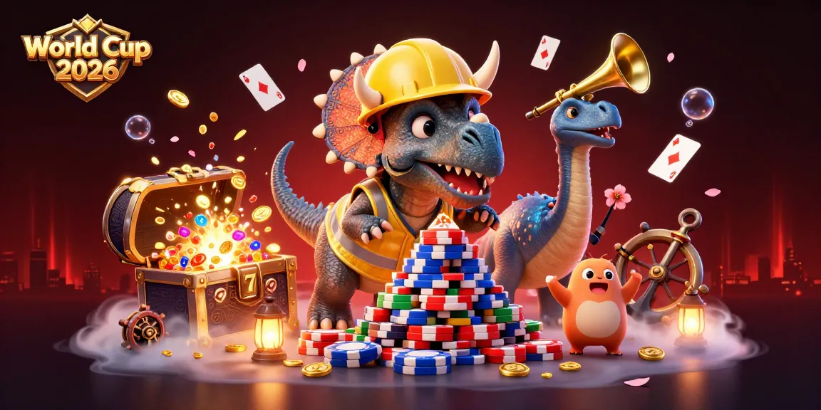 World Cup 2026 celebration with 3D triceratops building poker chips amidst floating slot reels and cheerful compys.