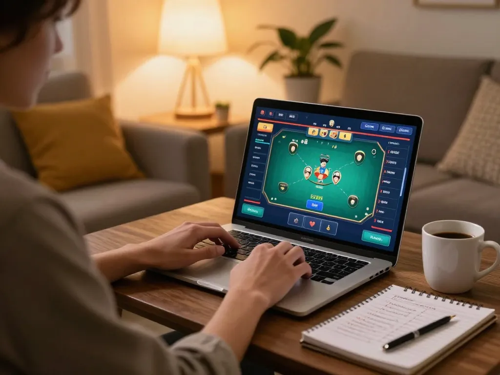 Engaging scene of online gaming at Trang chủ SKY88 with cozy home setup and strategic poker play