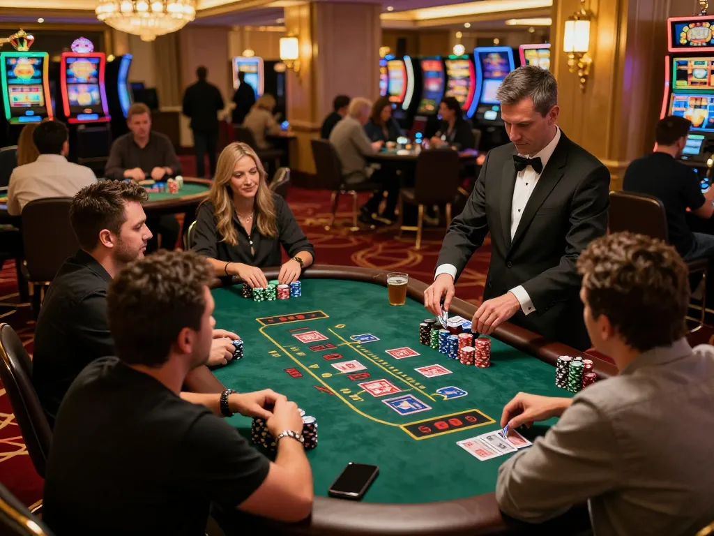 Players strategizing at a blackjack table in 789Club's lively casino atmosphere.