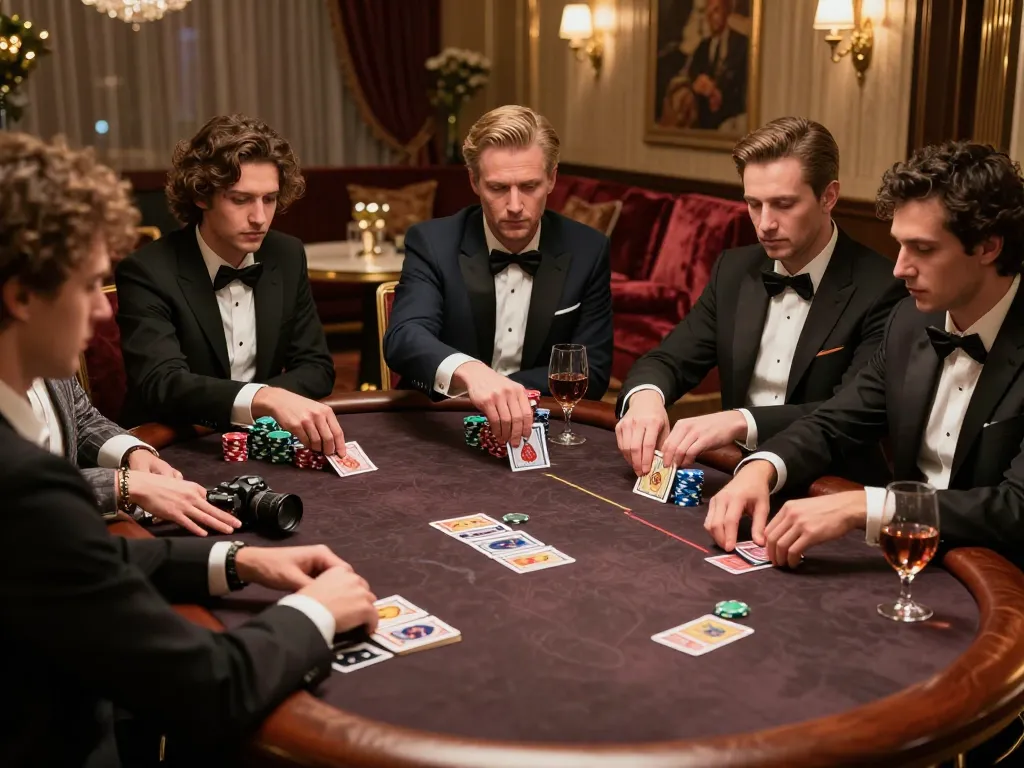 Dwin poker players strategizing in a luxurious room at an exclusive casino