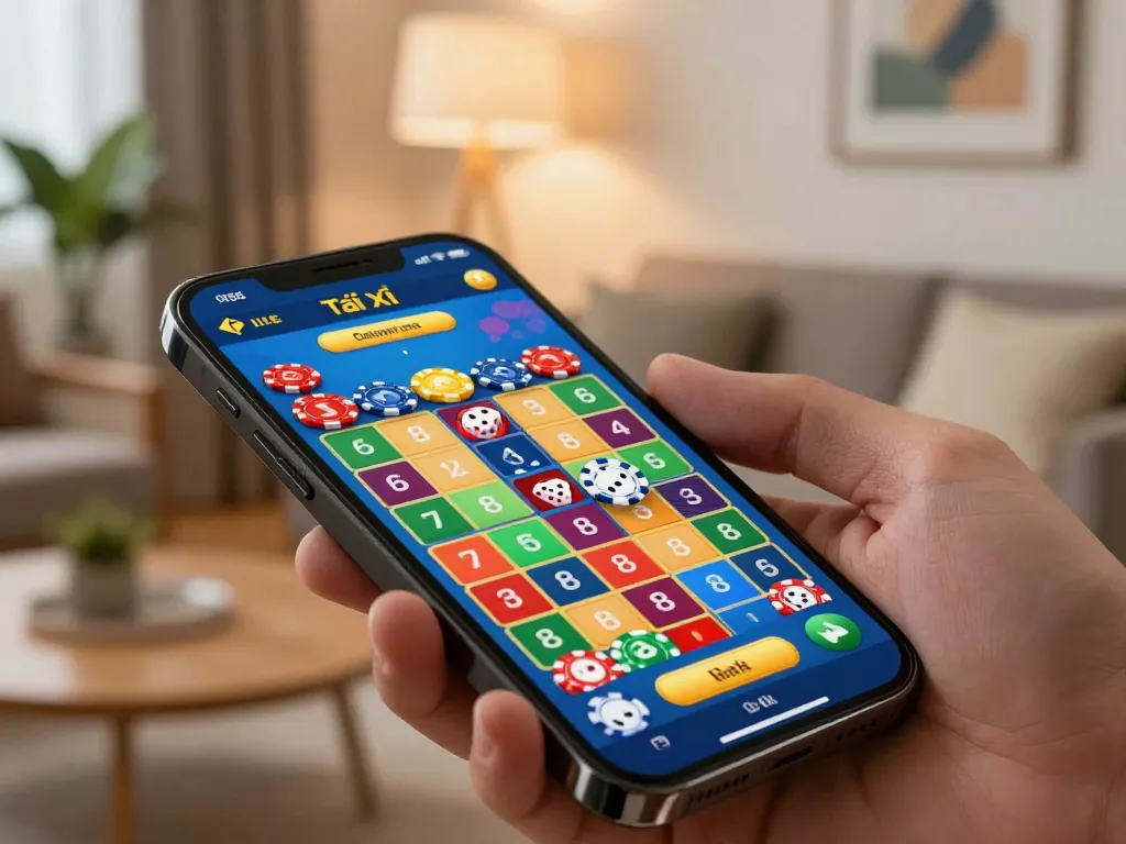 Tài Xỉu online gaming interface displaying dynamic dice rolls and user betting, engaging home atmosphere