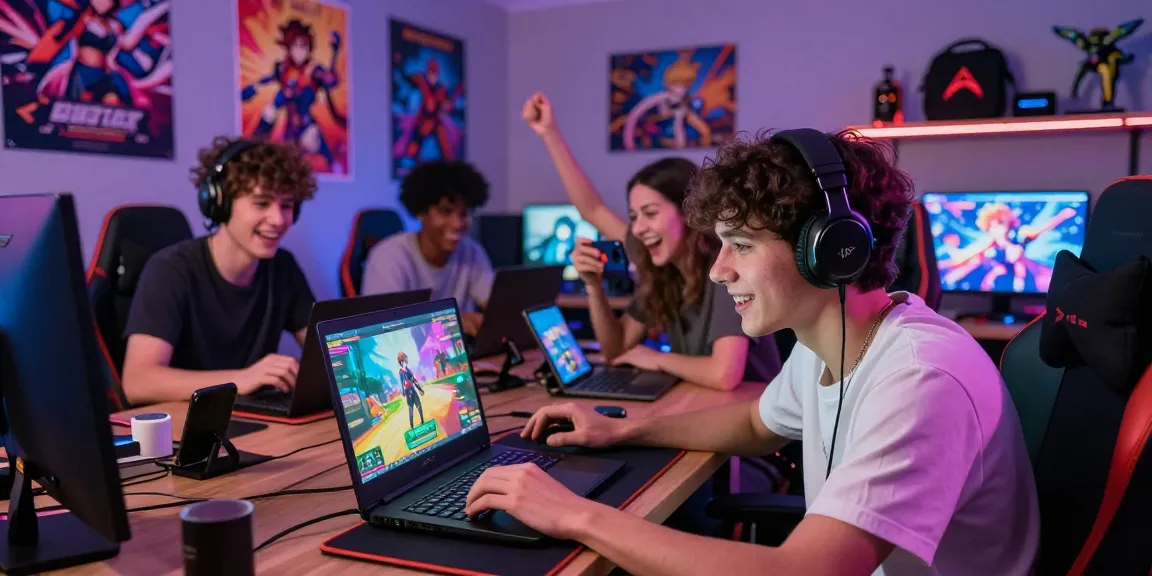 Players enjoying hentai games online in a vibrant gaming room with multiple devices.