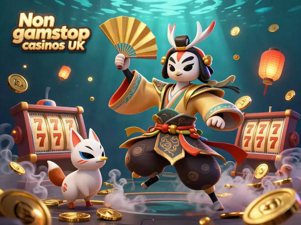 Engaging illustration of Non gamstop casinos UK featuring a kabuki warrior and slot reels.