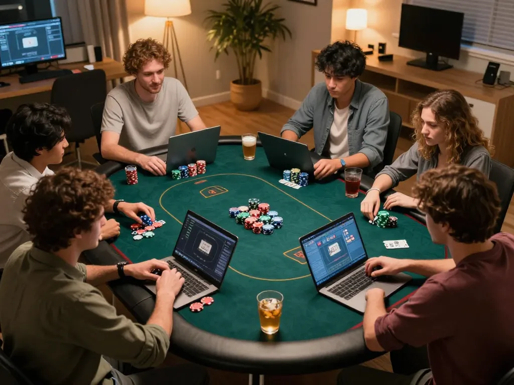 Players enjoying a thrilling online poker game session at home, with bl555 offering strategic gameplay.
