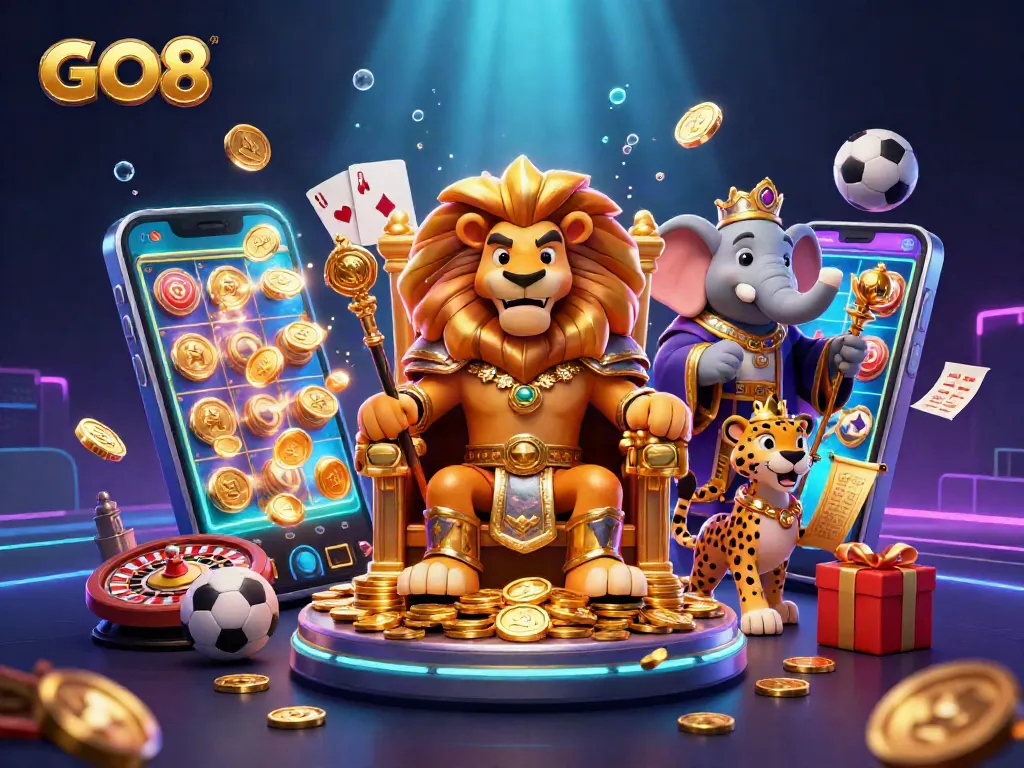 Experience the thrill of GO8 online casino with a dynamic scene featuring a lion king and betting elements.