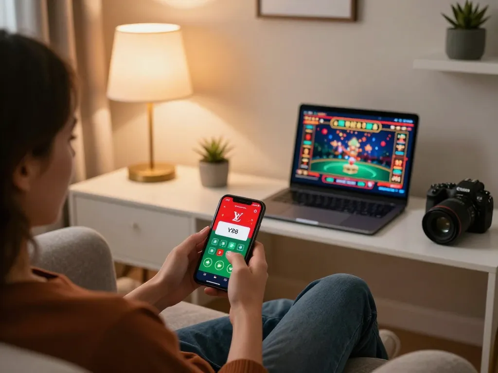 Player engaging with the LV88 app on a smartphone for online gambling, cozy home atmosphere with warm lighting.