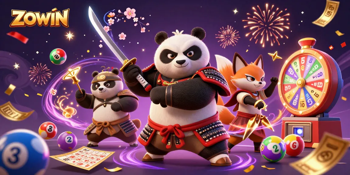 ZOWIN introduces a vibrant casino scene featuring a samurai panda and a ninja fox. Engage with exciting lottery elements!