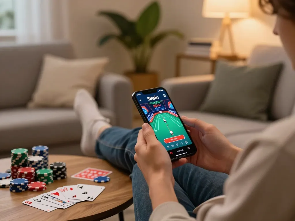 Engaging with the 58win mobile app while enjoying a cozy poker night at home.