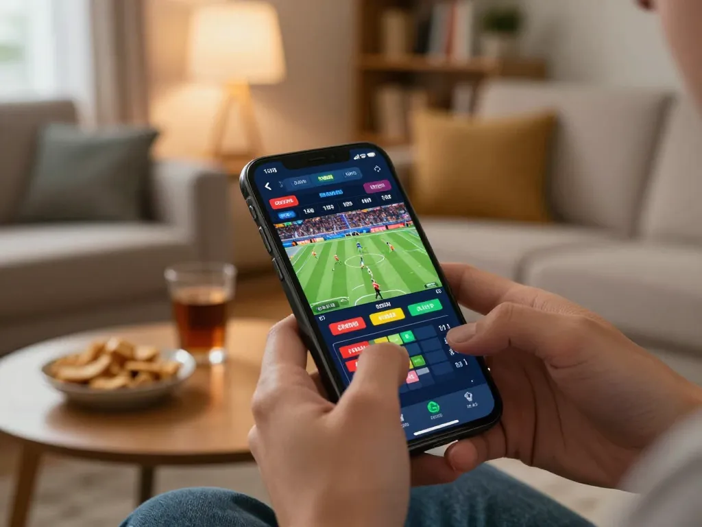 Hands using smartphone for mobile betting on pucuk138, with sports events displayed on screen.