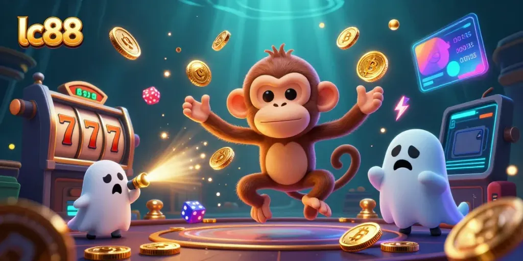 Engage with the lively lc88 scene featuring a ghostly monkey juggling symbols of winnings in a haunted casino.