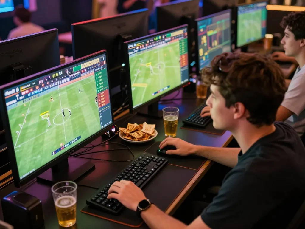 Tỷ lệ bóng đá showcased as a user places bets on a vibrant online gaming platform, illustrating strategy and excitement