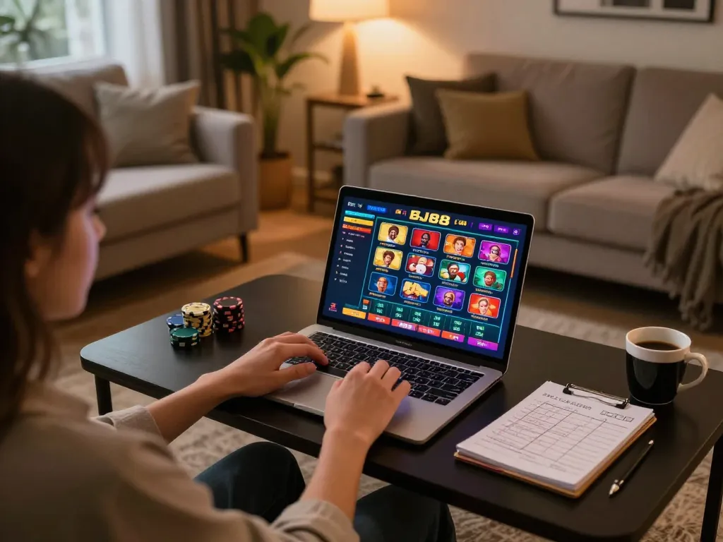 Person utilizing BJ88 online gaming platform on a laptop, cozy home setting.