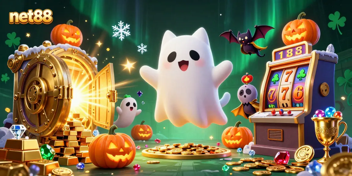 Engage with net88's thrilling casino experience featuring ghostly characters in a vibrant gaming scene.