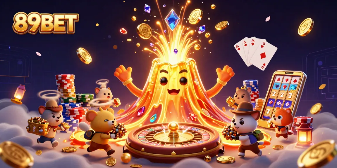 89BET players winning big with a triumphant volcano erupting treasures in an exciting casino scene.
