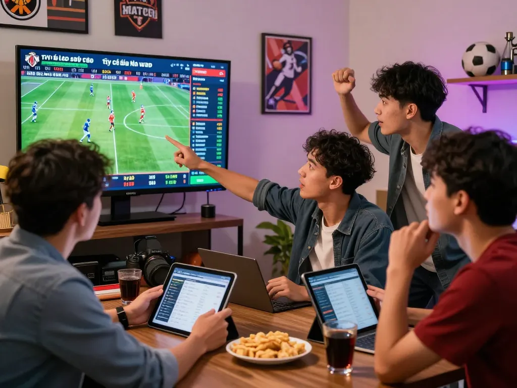 Friends discussing tỷ lệ kèo nhà cái hôm nay while watching live sports, surrounded by memorabilia and snacks.