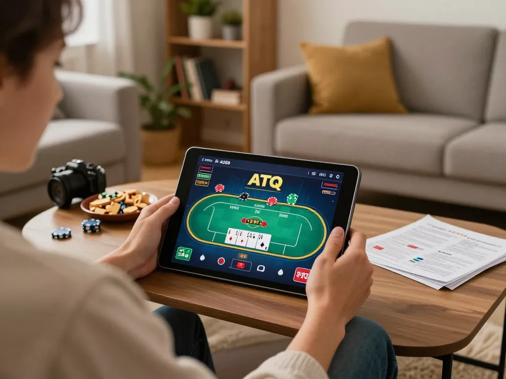 Engaging in online casino gaming on ATQ ax88 platform, showcasing poker excitement and strategic notes.