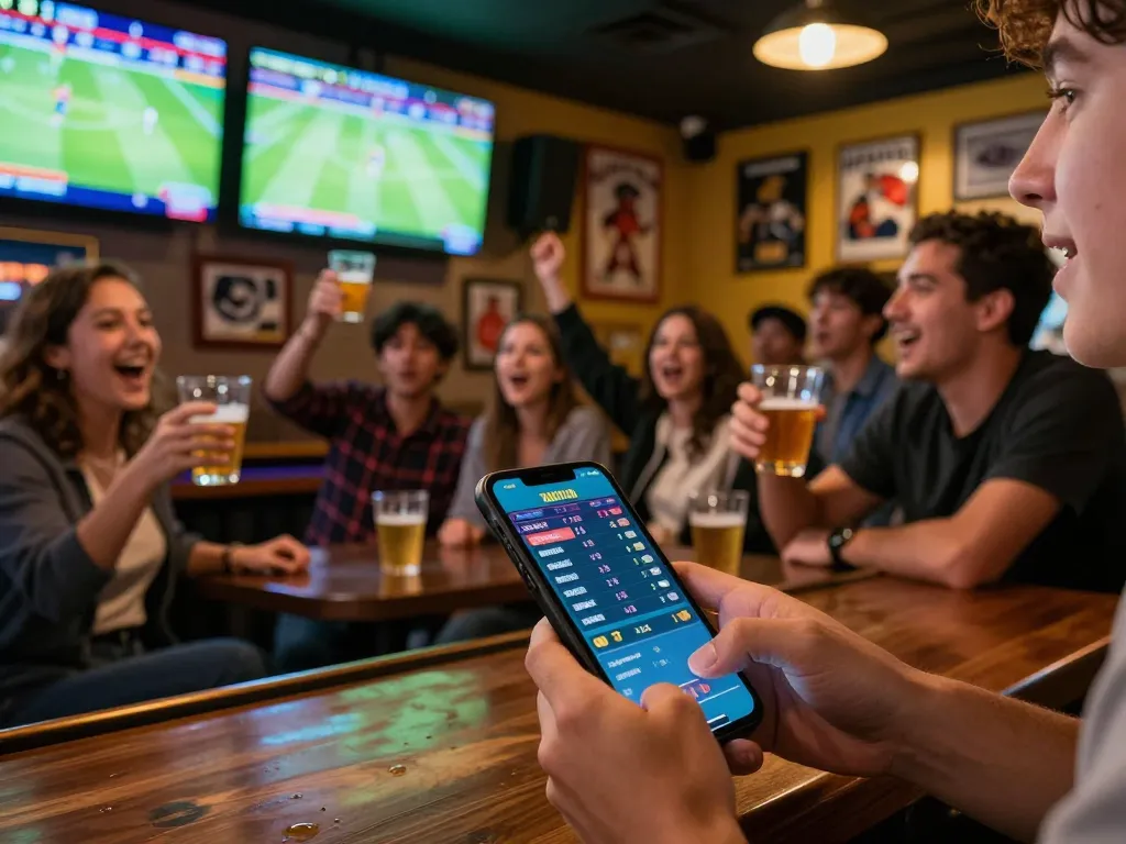 PH22 patrons cheering during live sports betting event, with smartphone in hand checking odds.