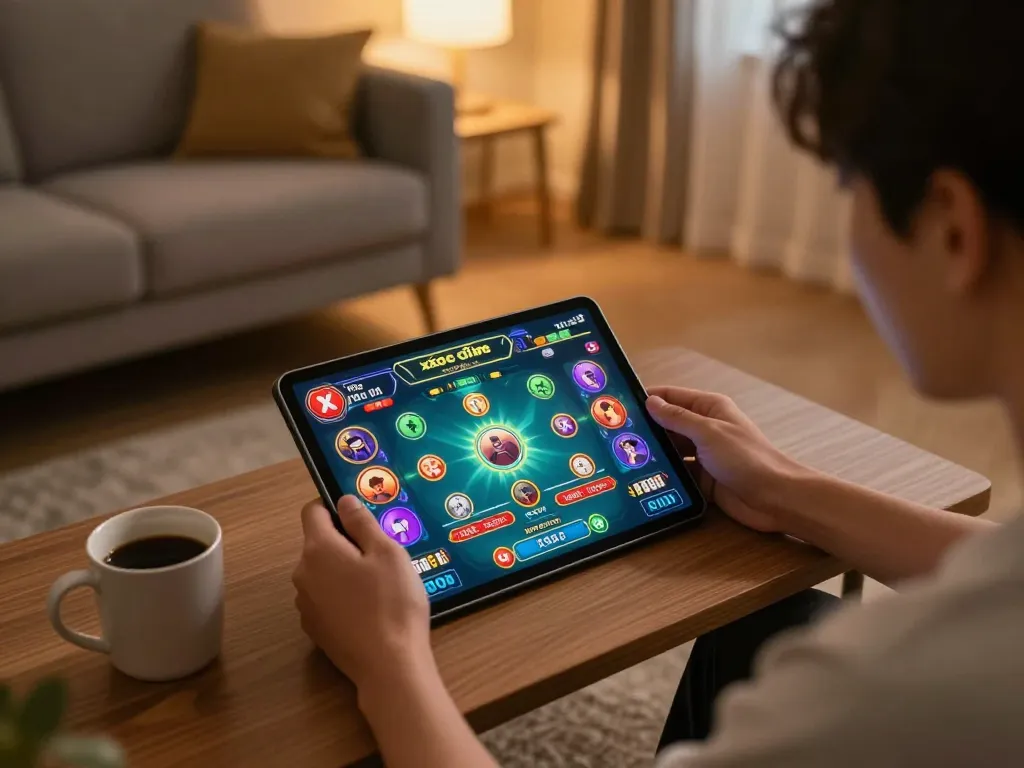 Engaged player enjoying xóc đĩa online on tablet in cozy home setting