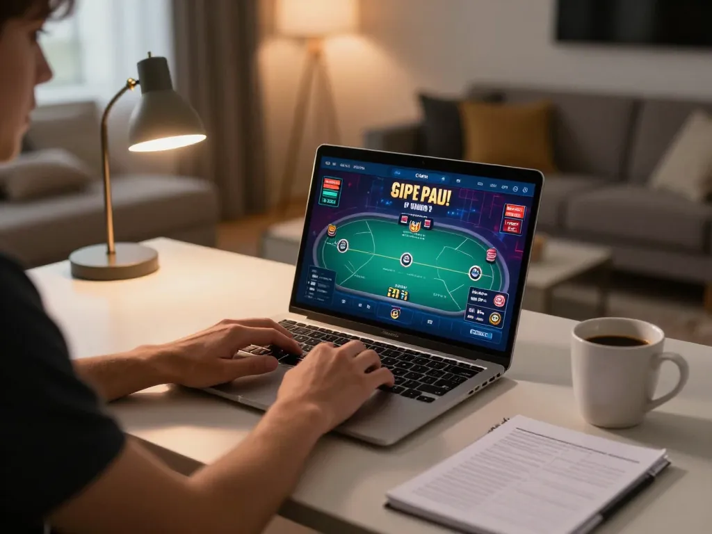 uk88s player engaged in online poker game from cozy home setup, showcasing strategy and comfort.