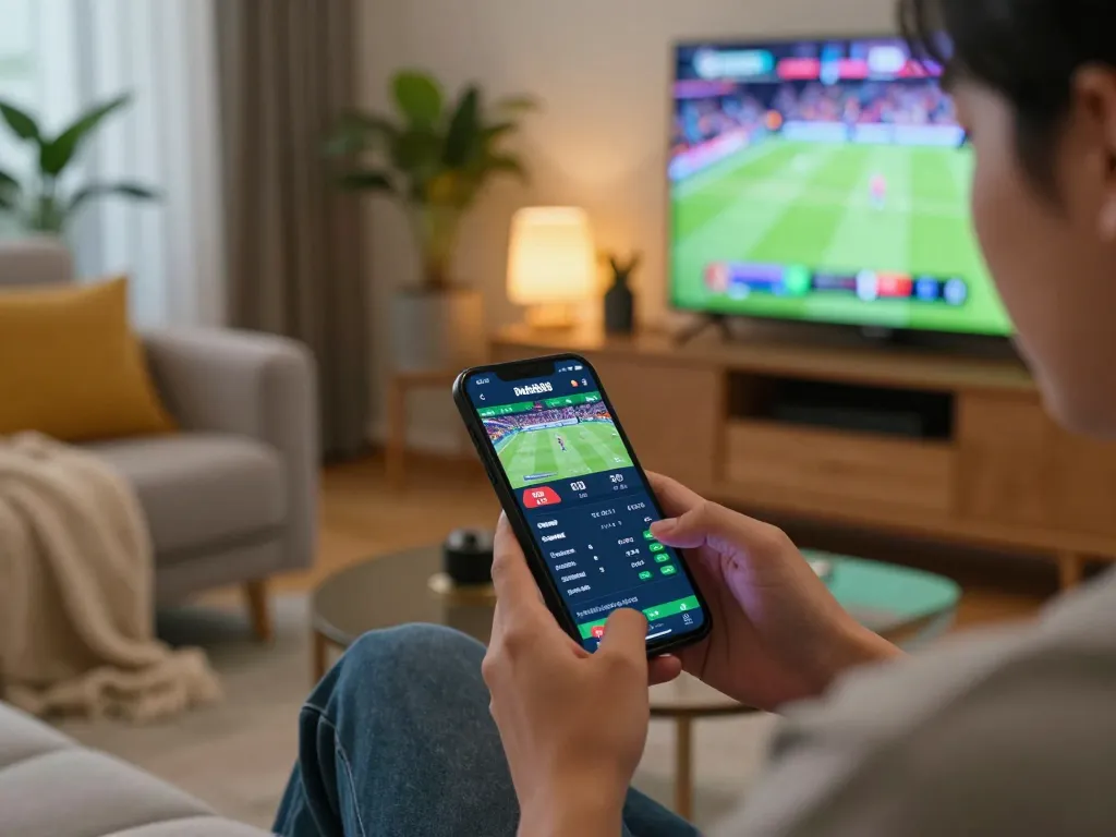 Place strategic bets on fun88 through your smartphone in a cozy living room setting.