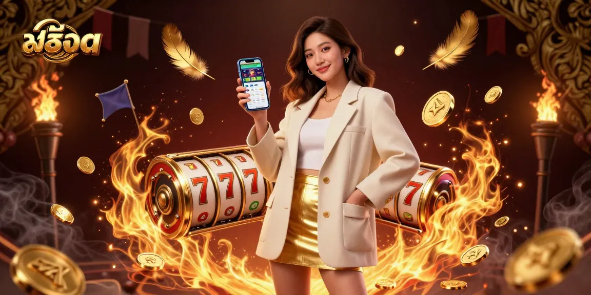 Experience action with สล็อต as a beautiful Asian woman showcases a sports betting app in a vibrant casino atmosphere.