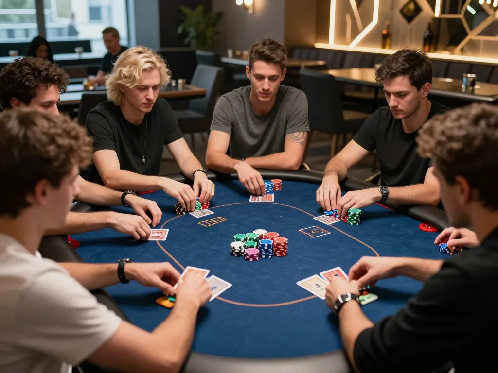 Players strategizing at a poker table in a vibrant lounge, inspired by https://mm88.london/ for an engaging gaming experience.