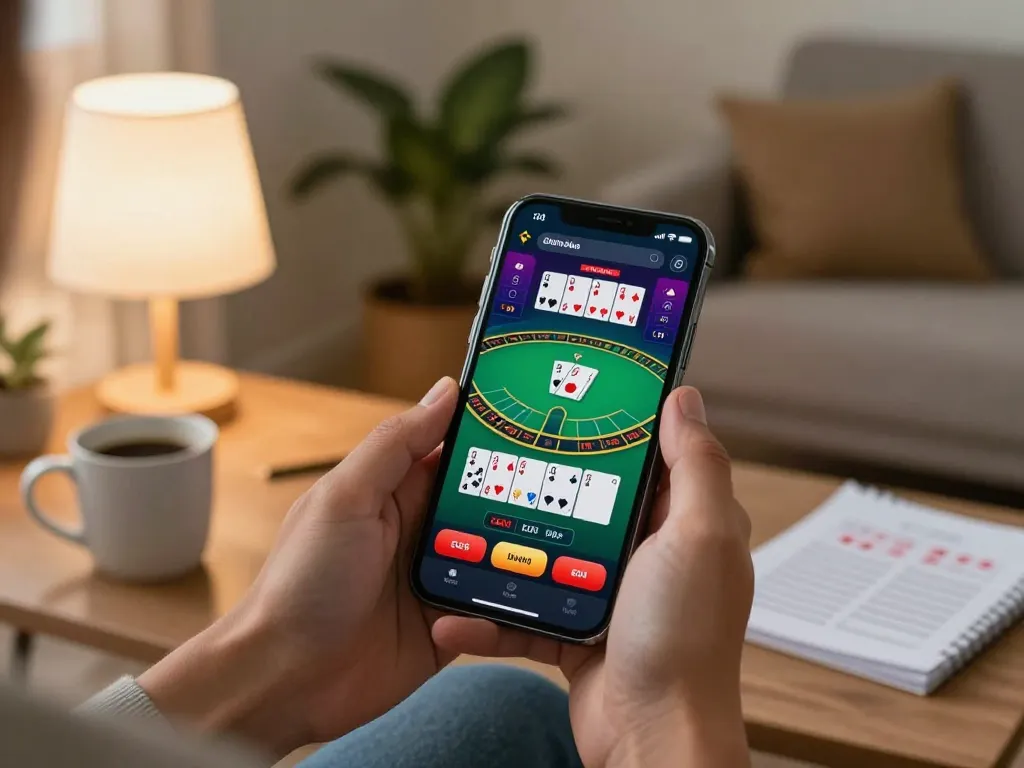 HDBET player enjoying blackjack on mobile app, cozy home environment with strategy notes.