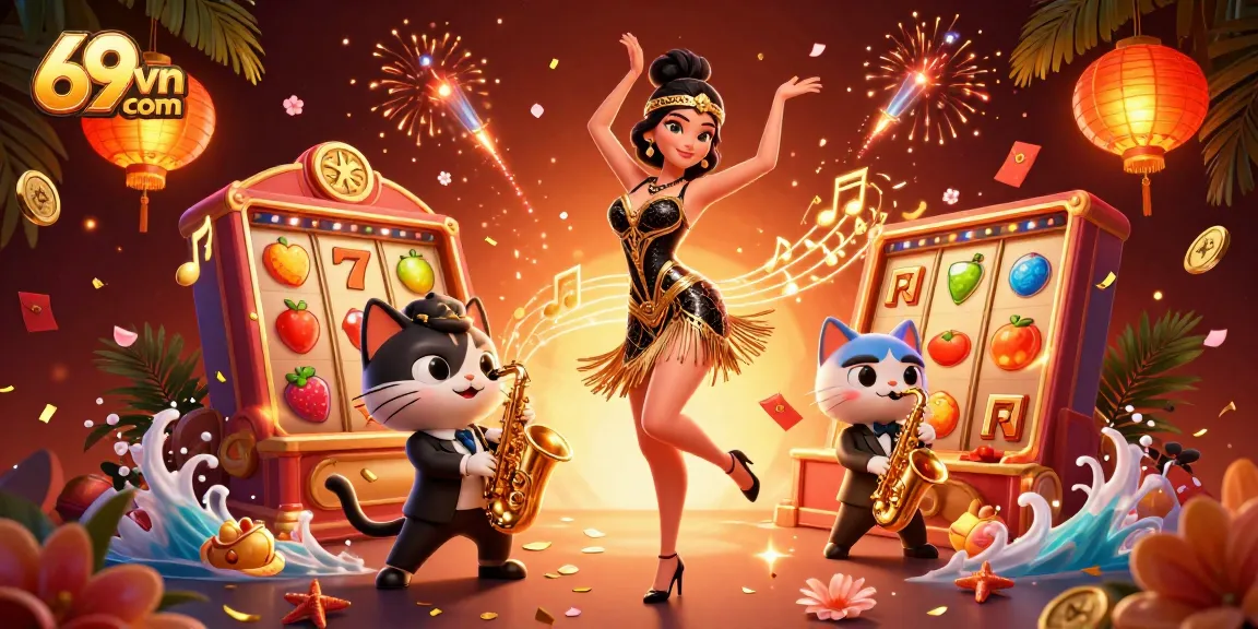 Experience thrilling gaming at 69vn com with vibrant slot reels, captivating characters, and golden luck!