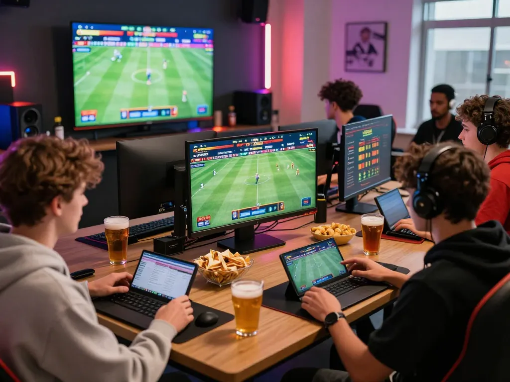 Engaged gamers enjoying 555win online betting platform with live sports, modern setups, and vibrant atmosphere.