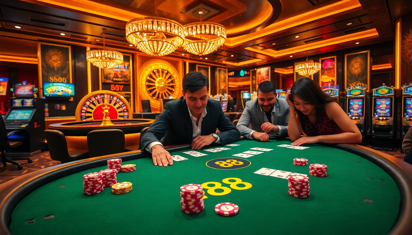 Engaged players strategizing at DU 88 casino poker table, with vibrant chips and cards.