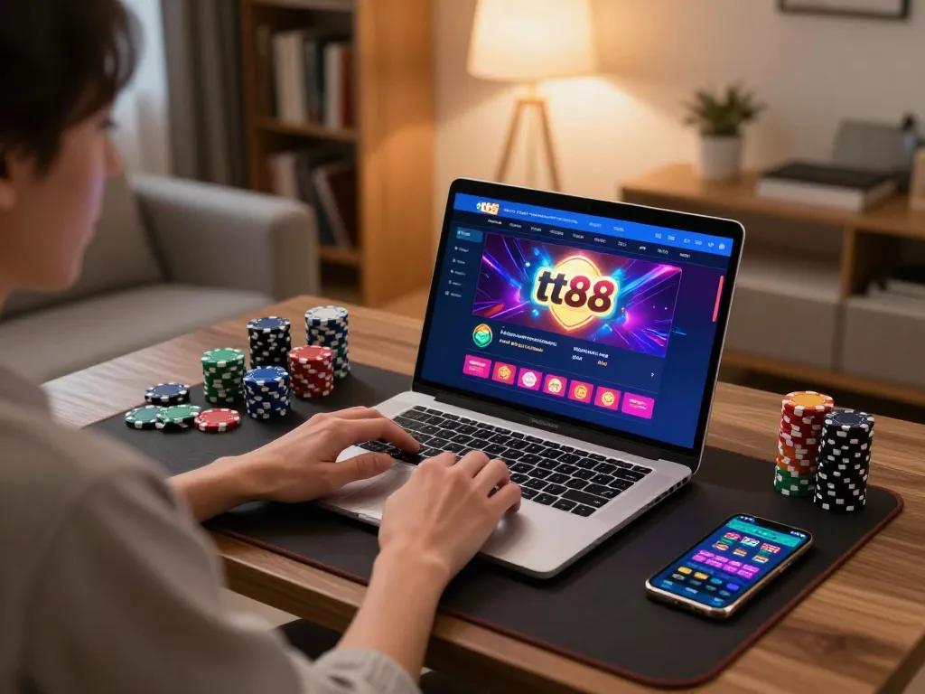 Engaging user experience with tt88 online casino gaming on laptop in cozy home environment.