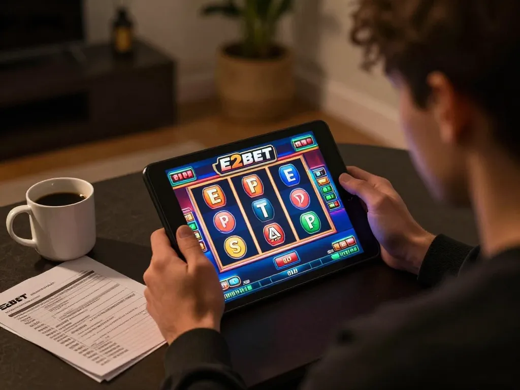 E2bet player engaging intensely with online casino games on a tablet in a cozy home setting.