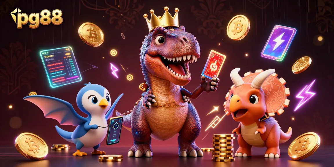 Experience the excitement of pg88 with a whimsical T-Rex and friends engaged in a lively card game amidst dazzling crypto elements.
