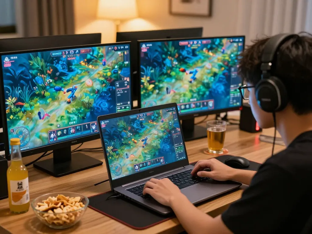 Engaged player aiming in game bắn cá đổi thưởng on laptop with vibrant underwater graphics