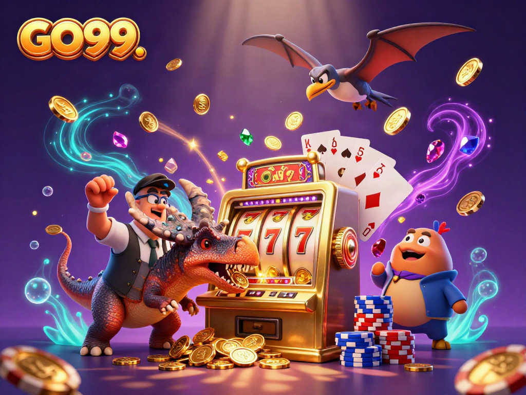 Watch GO99. as a dinosaur wins a jackpot at the casino, capturing coins and excitement!