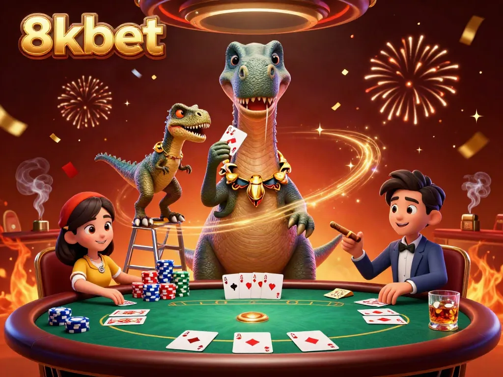 Experience vibrant action at 8xbet’s lively poker scene with card-dealing raptors and dinosaur spectators.