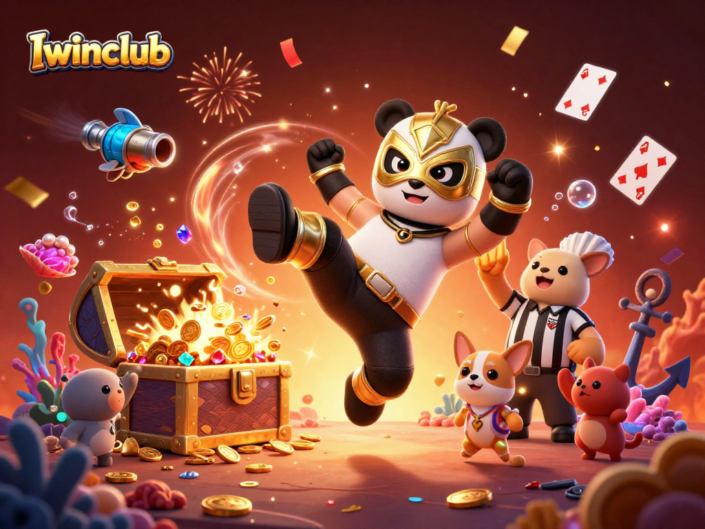 Iwinclub showcases a thrilling scene with a wrestling panda and chihuahua referee, surrounded by vibrant casino elements.