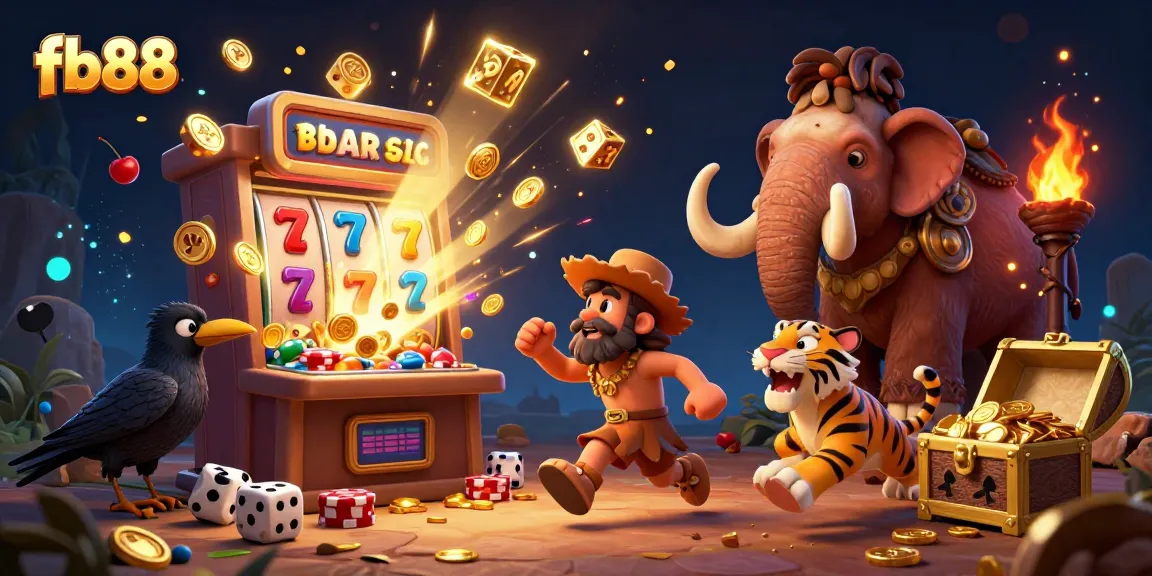 Engage your luck with fb88 in a vibrant 3D casino adventure featuring a caveman and saber-tooth duo.