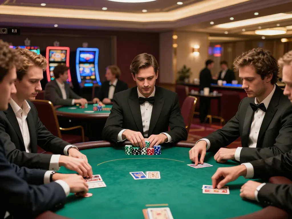 Players at a high-stakes poker table strategizing with gem 88 chips in a luxurious casino setting.